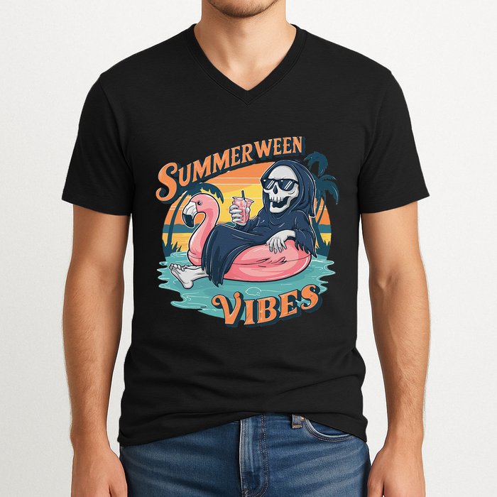Summerween Vibes Skeleton Flamingo Float Summer Halloween V-Neck T-Shirt