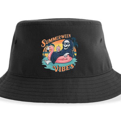 Summerween Vibes Skeleton Flamingo Float Summer Halloween Sustainable Bucket Hat