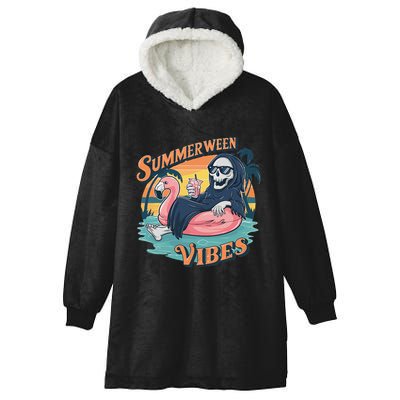 Summerween Vibes Skeleton Flamingo Float Summer Halloween Hooded Wearable Blanket
