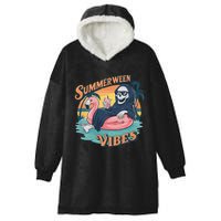 Summerween Vibes Skeleton Flamingo Float Summer Halloween Hooded Wearable Blanket