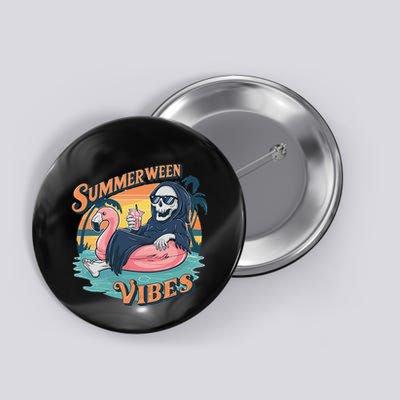Summerween Vibes Skeleton Flamingo Float Summer Halloween Button