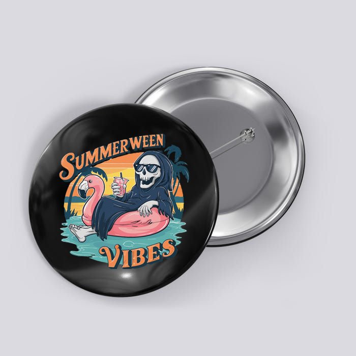 Summerween Vibes Skeleton Flamingo Float Summer Halloween Button