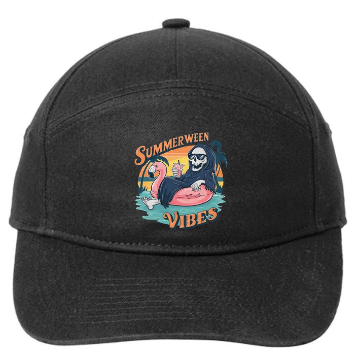 Summerween Vibes Skeleton Flamingo Float Summer Halloween 7-Panel Snapback Hat
