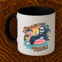 Summerween Vibes Skeleton Flamingo Float Summer Halloween Mug