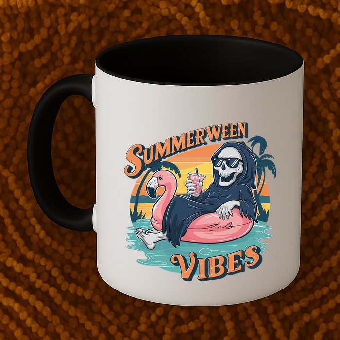 Summerween Vibes Skeleton Flamingo Float Summer Halloween Mug