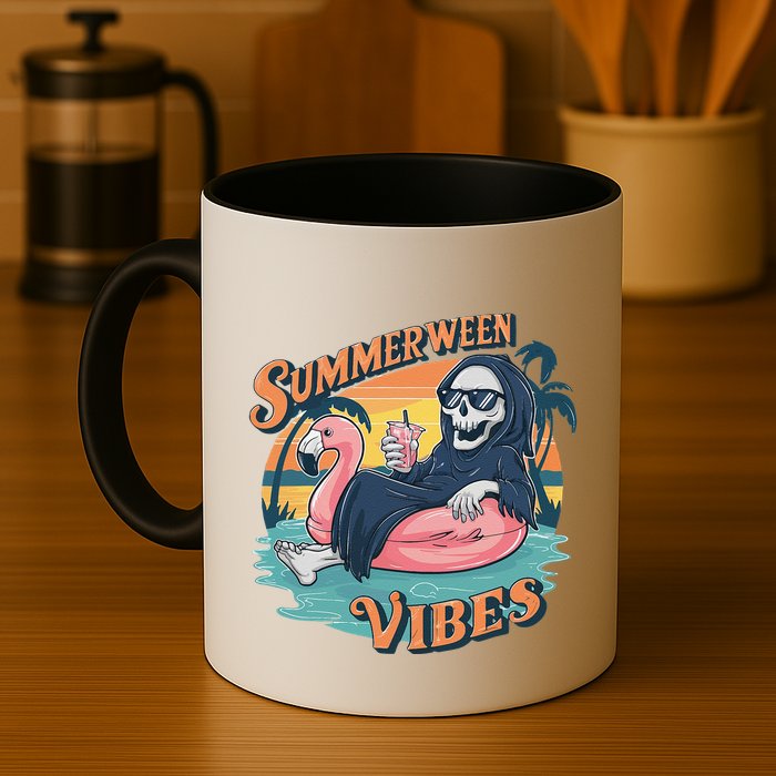 Summerween Vibes Skeleton Flamingo Float Summer Halloween Mug