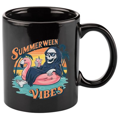 Summerween Vibes Skeleton Flamingo Float Summer Halloween 11oz C Handle Ceramic Mug