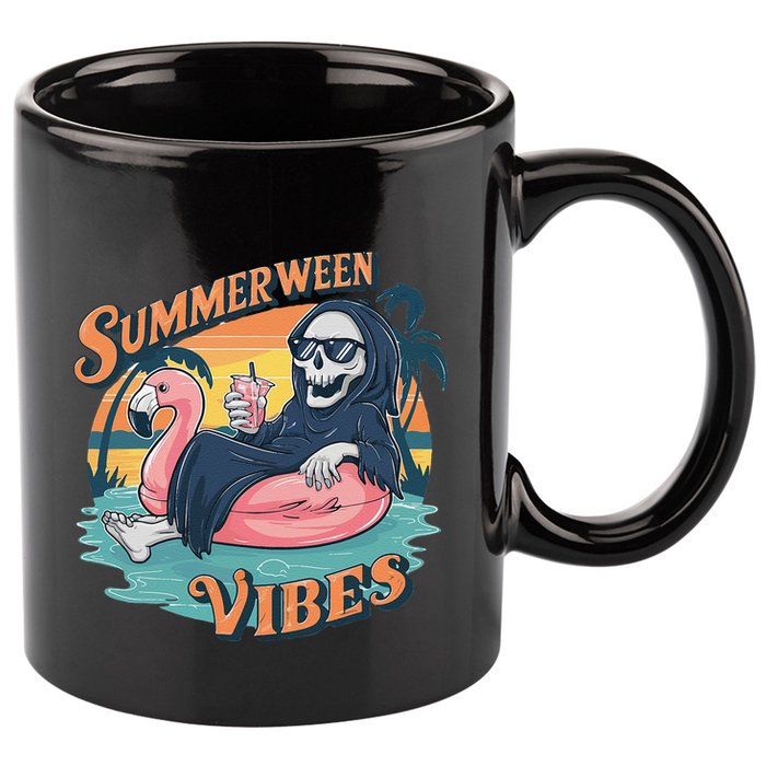 Summerween Vibes Skeleton Flamingo Float Summer Halloween 11oz C Handle Ceramic Mug