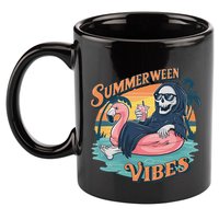 Summerween Vibes Skeleton Flamingo Float Summer Halloween 11oz C Handle Ceramic Mug