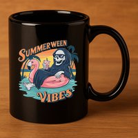 Summerween Vibes Skeleton Flamingo Float Summer Halloween 11oz C Handle Ceramic Mug