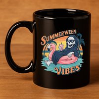 Summerween Vibes Skeleton Flamingo Float Summer Halloween 11oz C Handle Ceramic Mug
