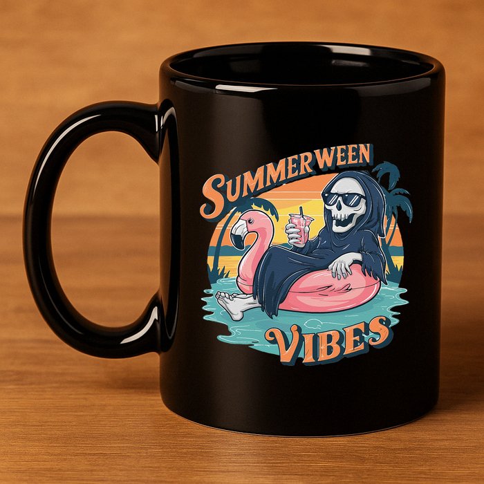 Summerween Vibes Skeleton Flamingo Float Summer Halloween 11oz C Handle Ceramic Mug
