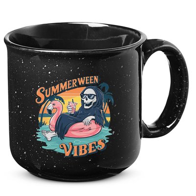 Summerween Vibes Skeleton Flamingo Float Summer Halloween 15oz Campfire Ceramic Mug