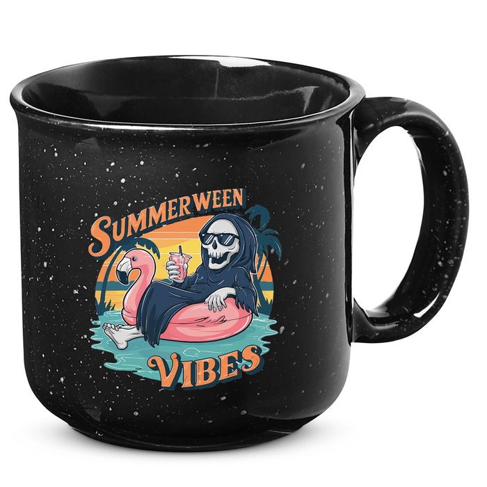 Summerween Vibes Skeleton Flamingo Float Summer Halloween 15oz Campfire Ceramic Mug