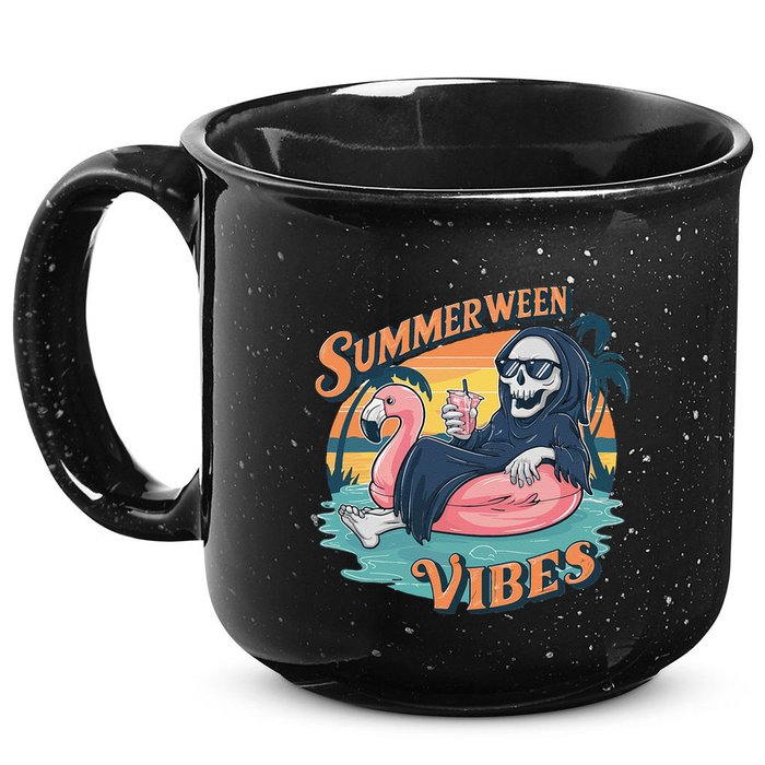 Summerween Vibes Skeleton Flamingo Float Summer Halloween 15oz Campfire Ceramic Mug