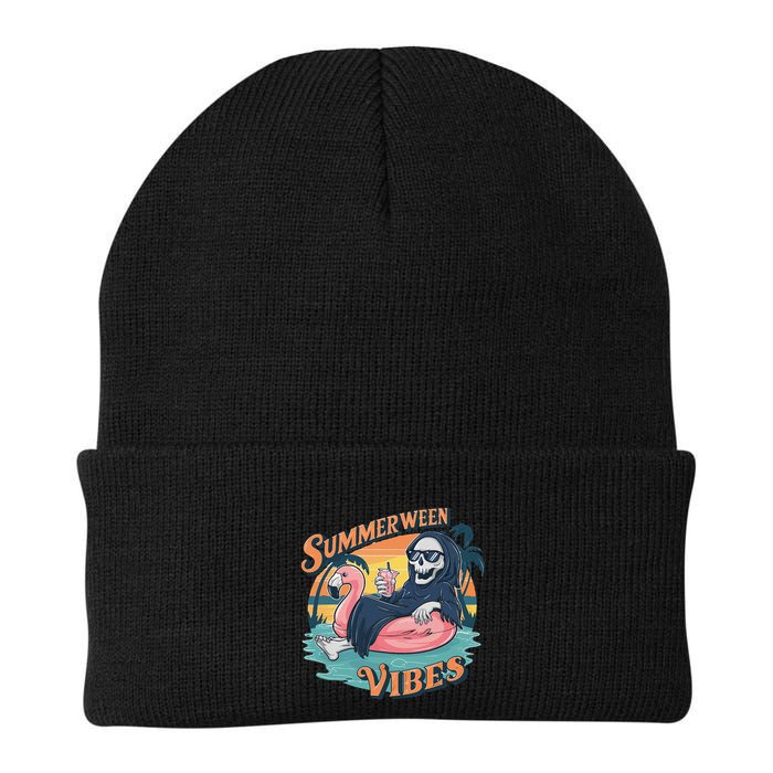 Summerween Vibes Skeleton Flamingo Float Summer Halloween Beanie