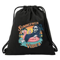 Summerween Vibes Skeleton Flamingo Float Summer Halloween Drawstring Bag
