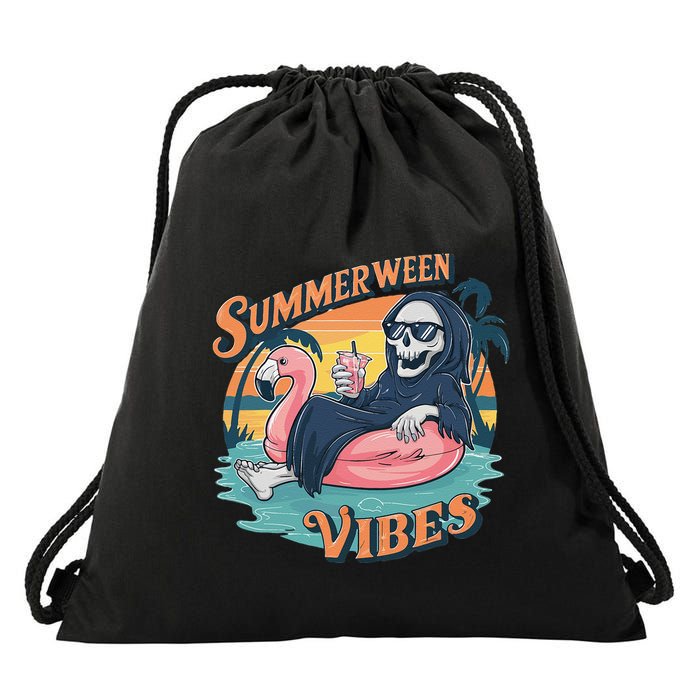 Summerween Vibes Skeleton Flamingo Float Summer Halloween Drawstring Bag