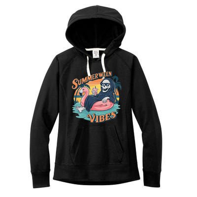 Summerween Vibes Skeleton Flamingo Float Summer Halloween Women's Fleece Hoodie