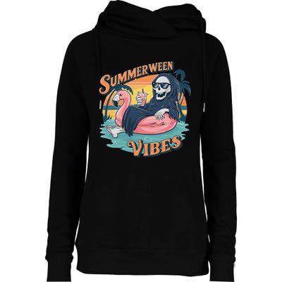 Summerween Vibes Skeleton Flamingo Float Summer Halloween Womens Funnel Neck Pullover Hood