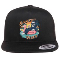 Summerween Vibes Skeleton Flamingo Float Summer Halloween Flatbill Hat