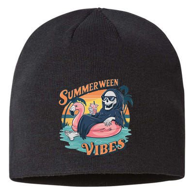 Summerween Vibes Skeleton Flamingo Float Summer Halloween Sustainable Beanie