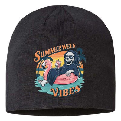 Summerween Vibes Skeleton Flamingo Float Summer Halloween Sustainable Beanie