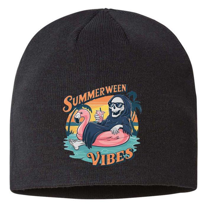 Summerween Vibes Skeleton Flamingo Float Summer Halloween Sustainable Beanie
