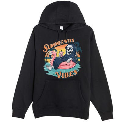 Summerween Vibes Skeleton Flamingo Float Summer Halloween Premium Pullover Hoodie