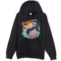 Summerween Vibes Skeleton Flamingo Float Summer Halloween Premium Pullover Hoodie