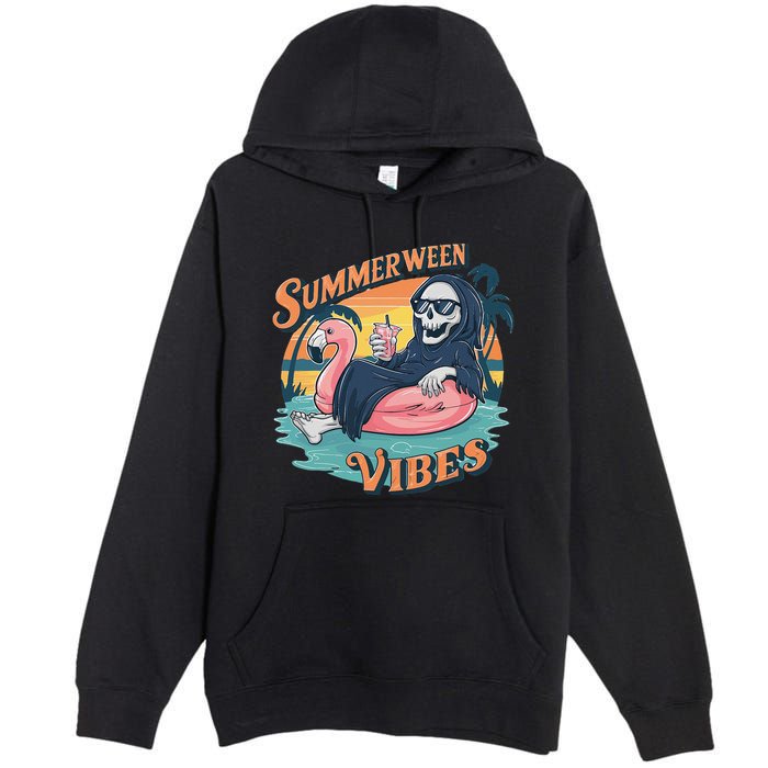 Summerween Vibes Skeleton Flamingo Float Summer Halloween Premium Pullover Hoodie