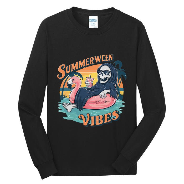 Summerween Vibes Skeleton Flamingo Float Summer Halloween Tall Long Sleeve T-Shirt