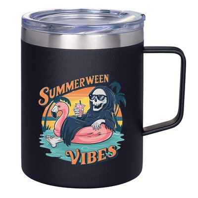 Summerween Vibes Skeleton Flamingo Float Summer Halloween 12oz Stainless Steel Coffee Mug