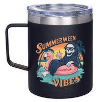 Summerween Vibes Skeleton Flamingo Float Summer Halloween 12oz Stainless Steel Coffee Mug