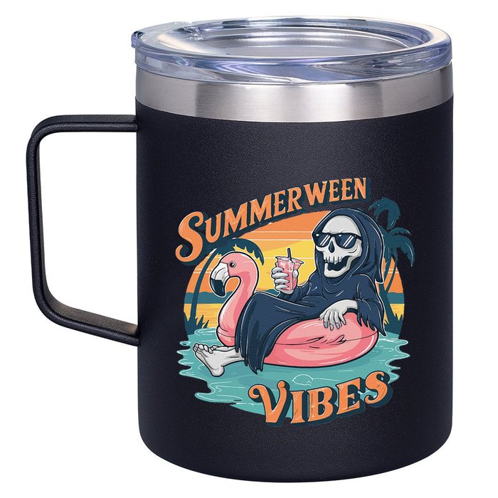 Summerween Vibes Skeleton Flamingo Float Summer Halloween 12oz Stainless Steel Coffee Mug