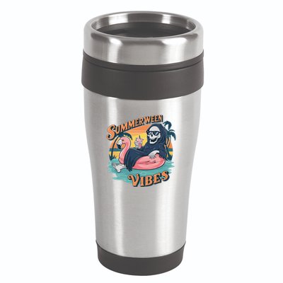 Summerween Vibes Skeleton Flamingo Float Summer Halloween 16oz Travel Tumbler