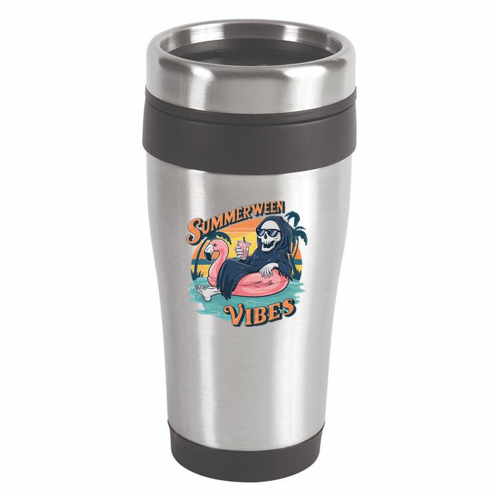 Summerween Vibes Skeleton Flamingo Float Summer Halloween 16oz Travel Tumbler