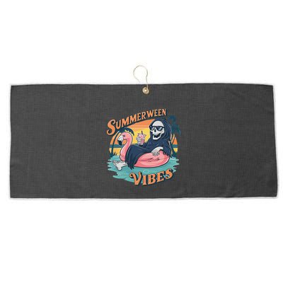 Summerween Vibes Skeleton Flamingo Float Summer Halloween Large Microfiber Waffle Golf Towel
