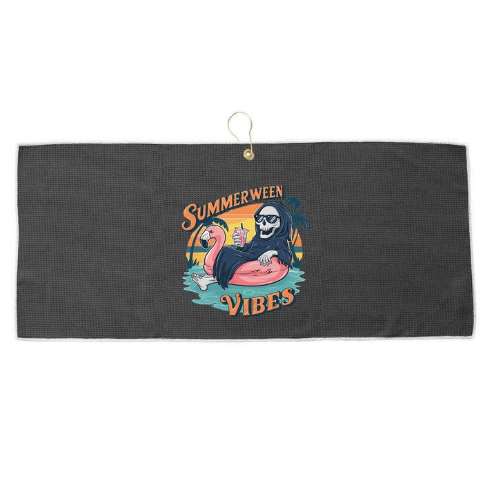 Summerween Vibes Skeleton Flamingo Float Summer Halloween Large Microfiber Waffle Golf Towel