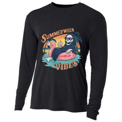 Summerween Vibes Skeleton Flamingo Float Summer Halloween Cooling Performance Long Sleeve Crew