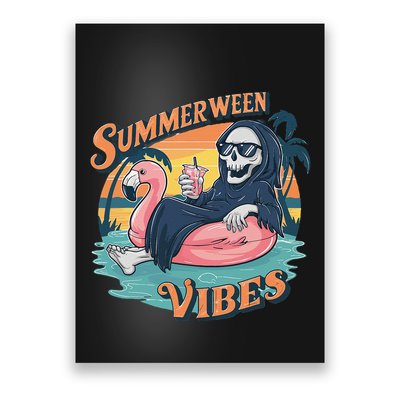 Summerween Vibes Skeleton Flamingo Float Summer Halloween Poster