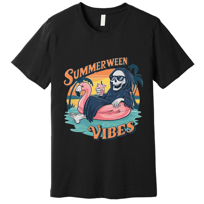Summerween Vibes Skeleton Flamingo Float Summer Halloween Premium T-Shirt