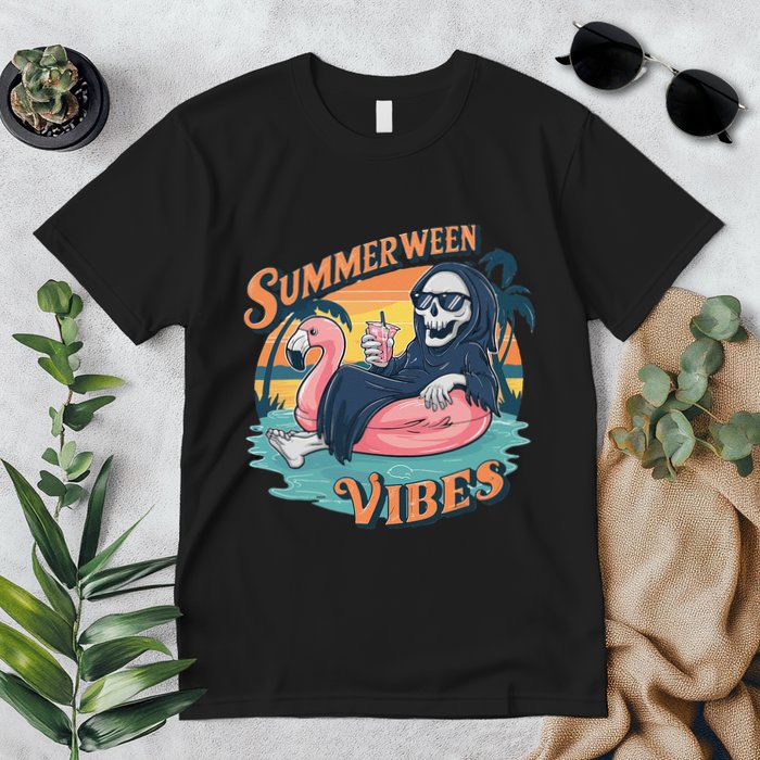 Summerween Vibes Skeleton Flamingo Float Summer Halloween Premium T-Shirt