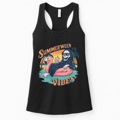 Summerween Vibes Skeleton Flamingo Float Summer Halloween Womens Tank Top