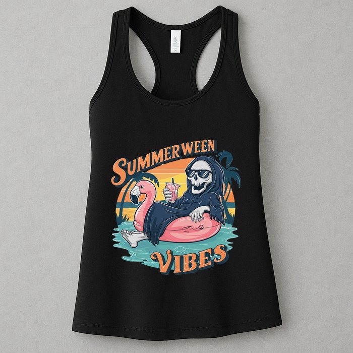 Summerween Vibes Skeleton Flamingo Float Summer Halloween Womens Tank Top