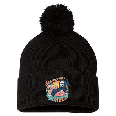 Summerween Vibes Skeleton Flamingo Float Summer Halloween Pom Pom 12in Knit Beanie