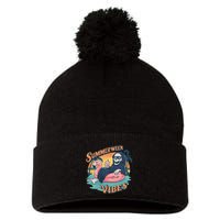 Summerween Vibes Skeleton Flamingo Float Summer Halloween Pom Pom 12in Knit Beanie