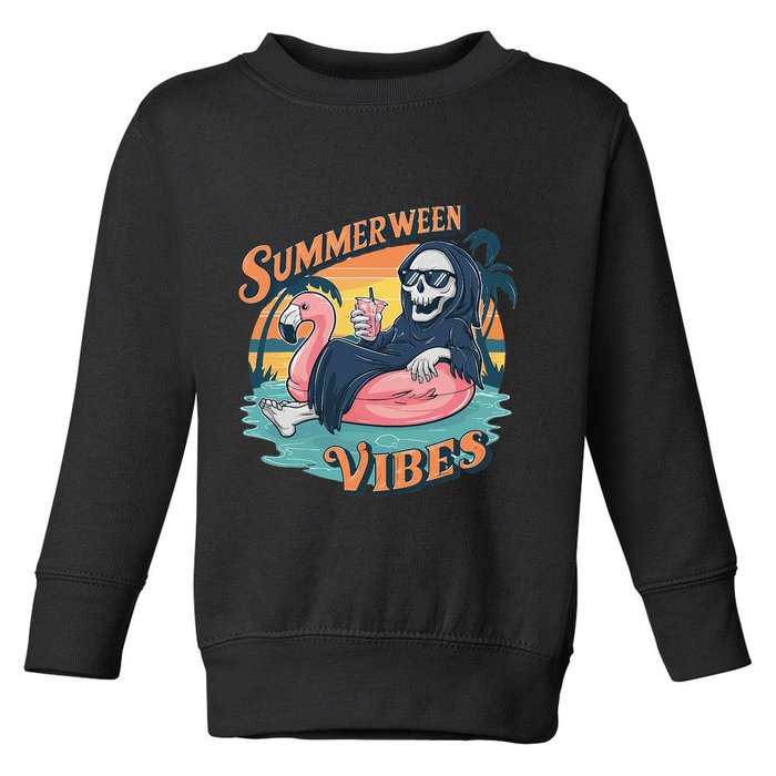 Summerween Vibes Skeleton Flamingo Float Summer Halloween Toddler Sweatshirt