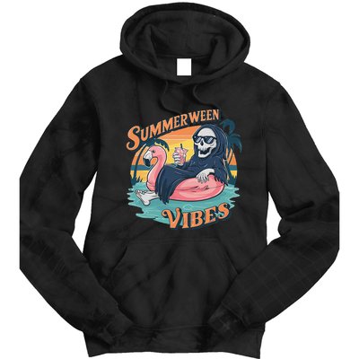 Summerween Vibes Skeleton Flamingo Float Summer Halloween Tie Dye Hoodie