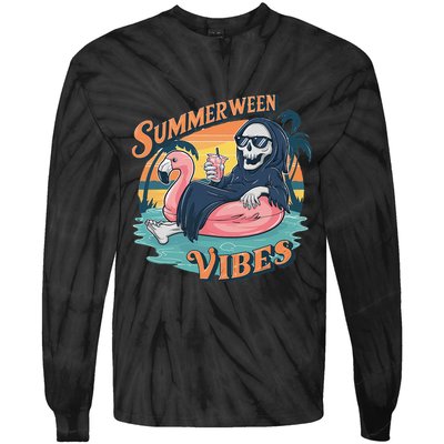 Summerween Vibes Skeleton Flamingo Float Summer Halloween Tie-Dye Long Sleeve Shirt
